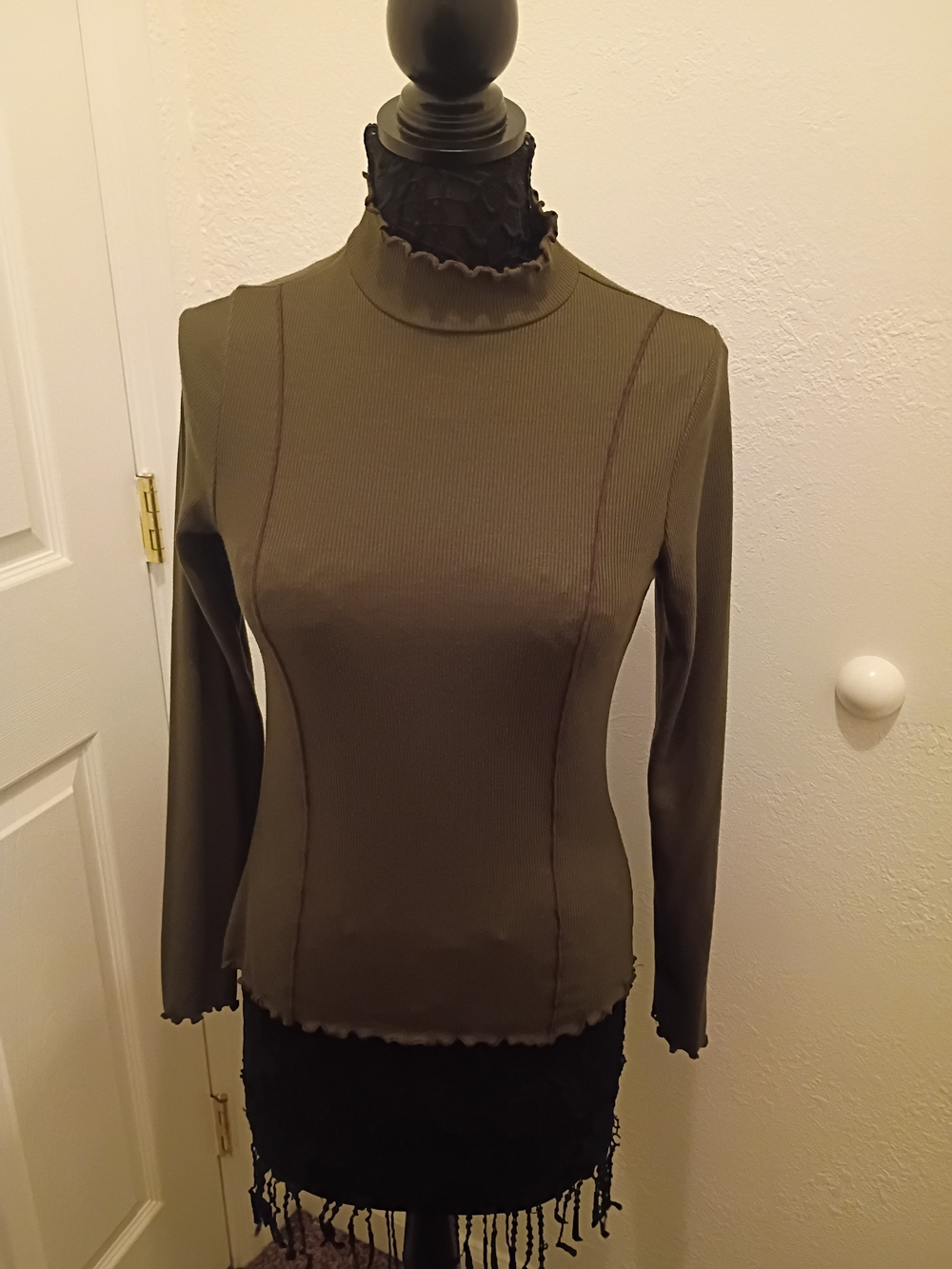 Olive Green Ribbed Long-Sleeve Mock Neck Top